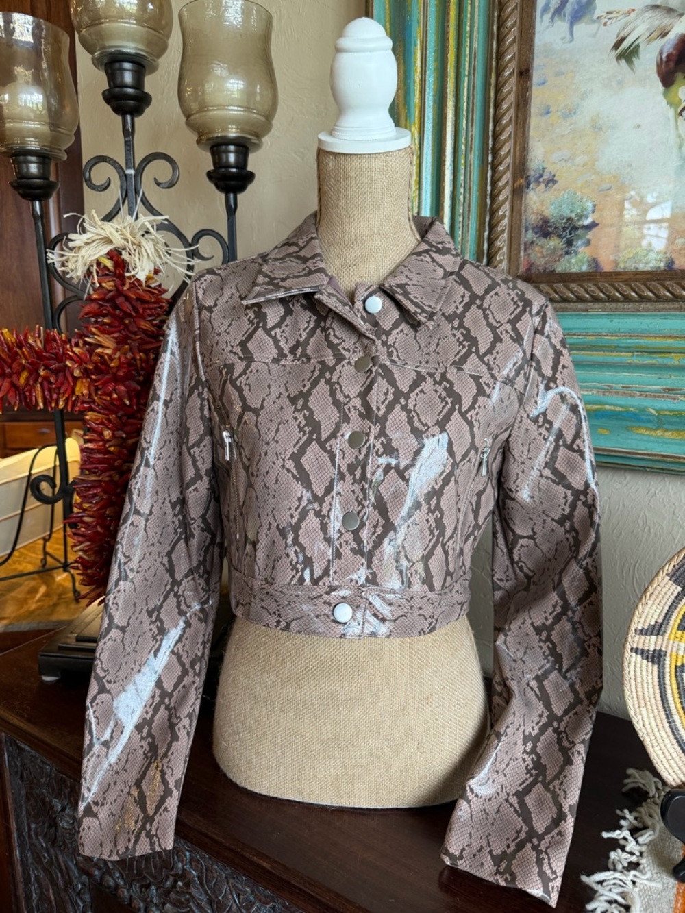 Blush Brown Snake-Print Cropped Jean Jacket